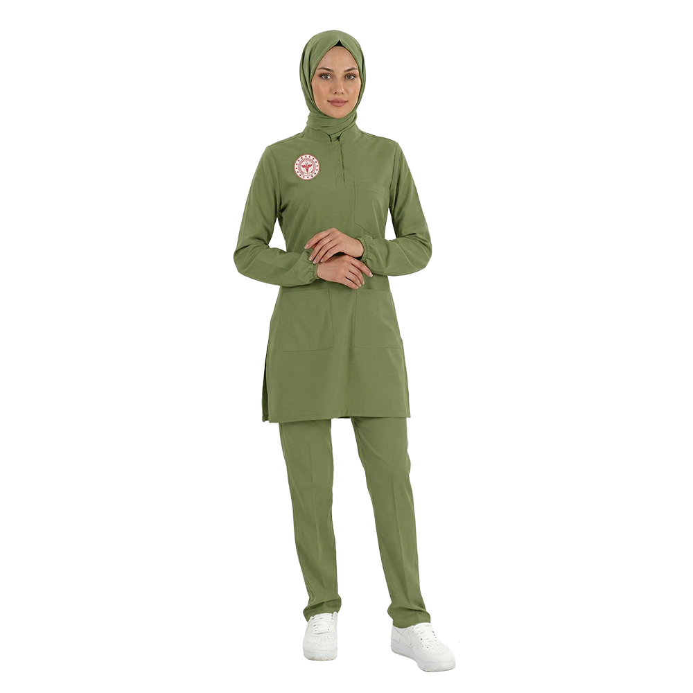 ECZACI TESETTÜR HEMŞİRE FORMASI LİKRALI SCRUBS TAKIM (GRASSHOPPER) SAĞLIK BAKANLIĞI UYUMLUTesettür forma, hemşire forma, scrubs, hemşire kıyafeti, hemşire önlük, hemşire üniforma, terycotton forma, uzun kollu bayan formaSağlık Bakanlığı Standart Formaları