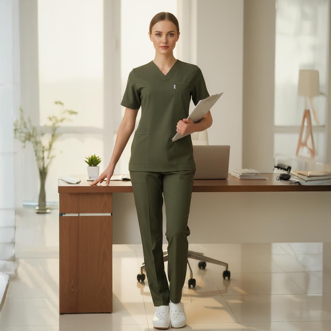HAKİ SOFT LİKRALI V YAKA TAKIMhemşire forma, scrubs, hemşire kıyafeti, hemşire önlük, hemşire üniforma, Alpaka formaNöbet Takımları