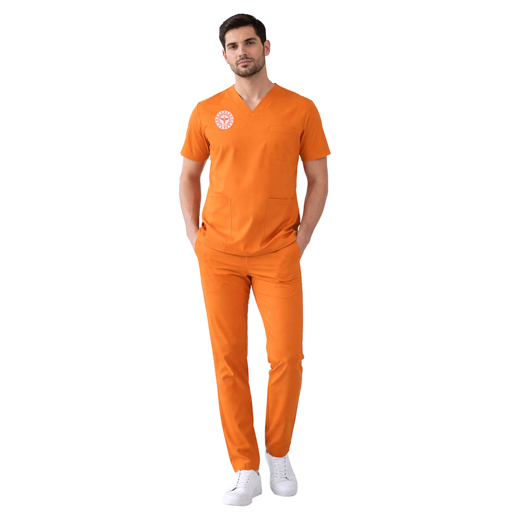 KLİNİK DESTEK FORMASI LİKRALI SCRUBS TAKIM (ORANGE OCHRE) SAĞLIK BAKANLIĞI UYUMLUAvicenna Erkek Forma Takımı Alpaka Kumaş Scrubs Sağlık Bakanlığı Standart Formaları