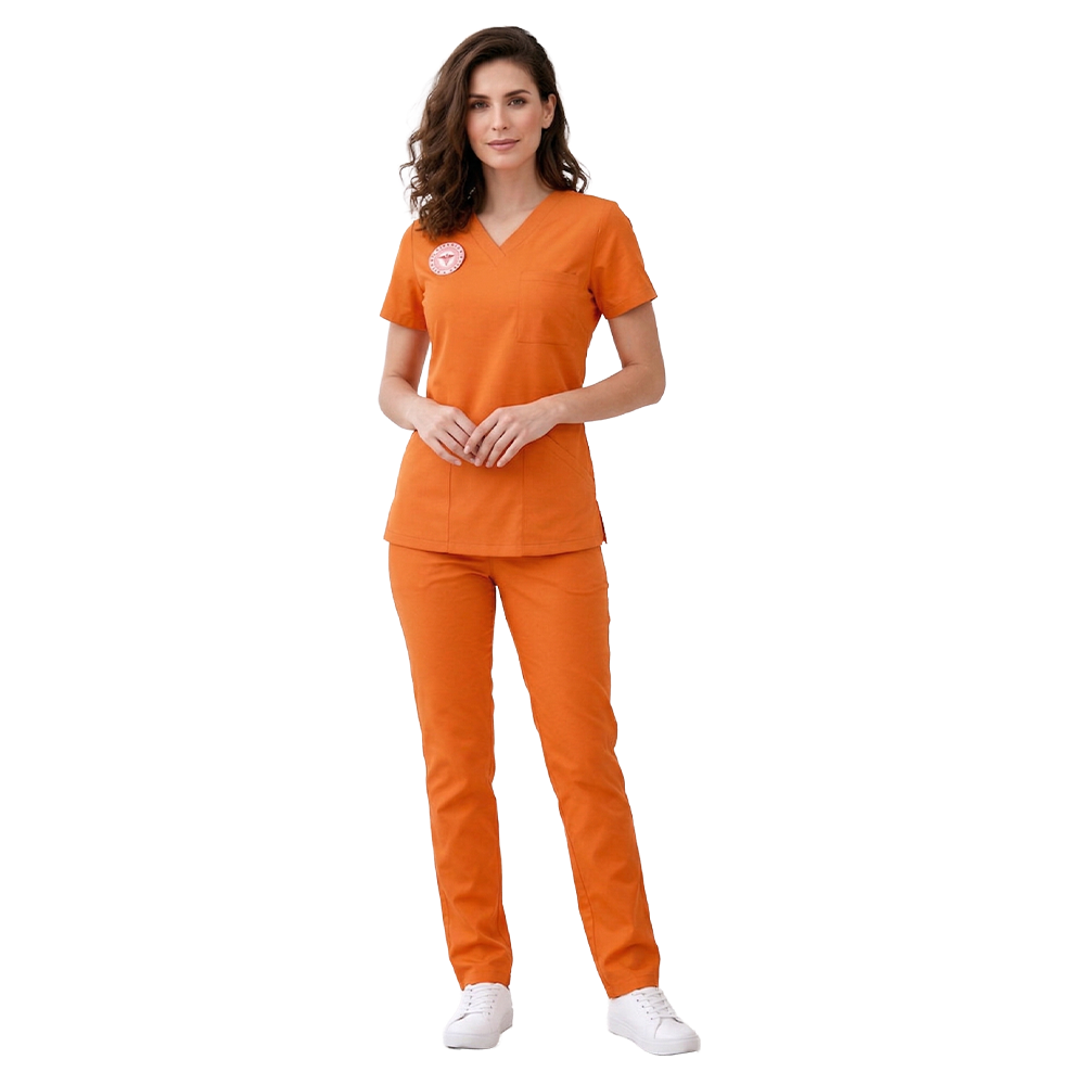 KLİNİK DESTEK FORMASI LİKRALI SCRUBS TAKIM (ORANGE OCHRE) SAĞLIK BAKANLIĞI UYUMLUBiyeli hemşire forma hemşire renkli kombin çift renk hemşire takımıSağlık Bakanlığı Standart Formaları