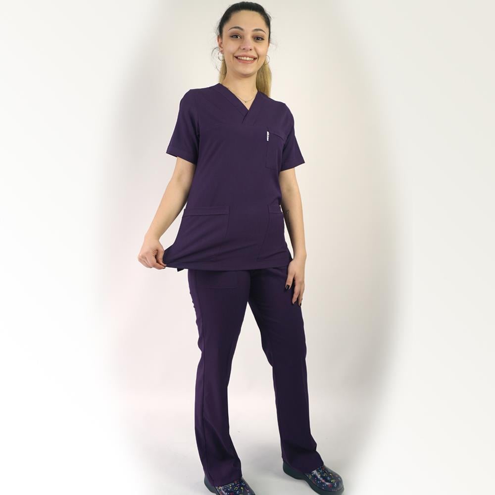 KOYU MOR SOFT LİKRALI V YAKA TAKIMhemşire forma, scrubs, hemşire kıyafeti, hemşire önlük, hemşire üniforma, Alpaka formaNöbet Takımları