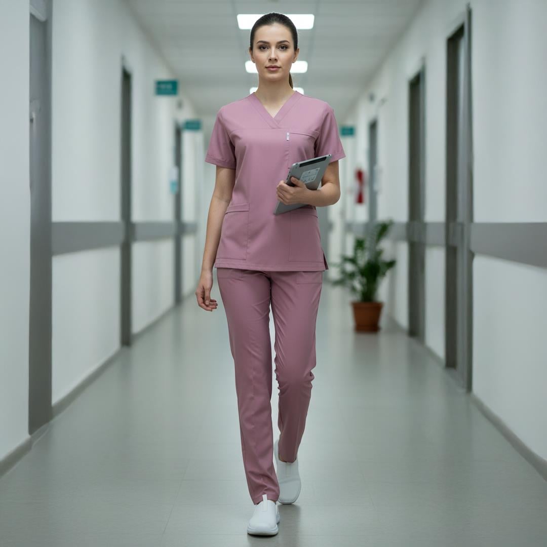 PUDRA PEMBE SOFT LİKRALI V YAKA TAKIMhemşire forma, scrubs, hemşire kıyafeti, hemşire önlük, hemşire üniforma, Alpaka formaNöbet Takımları