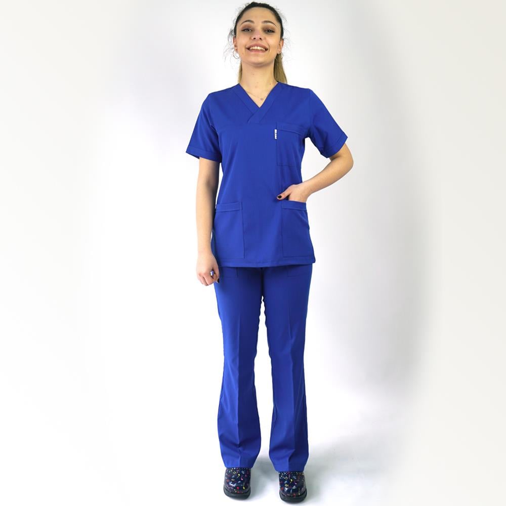 SAKS MAVİSİ SOFT LİKRALI V YAKA TAKIMhemşire forma, scrubs, hemşire kıyafeti, hemşire önlük, hemşire üniforma, Alpaka formaNöbet Takımları