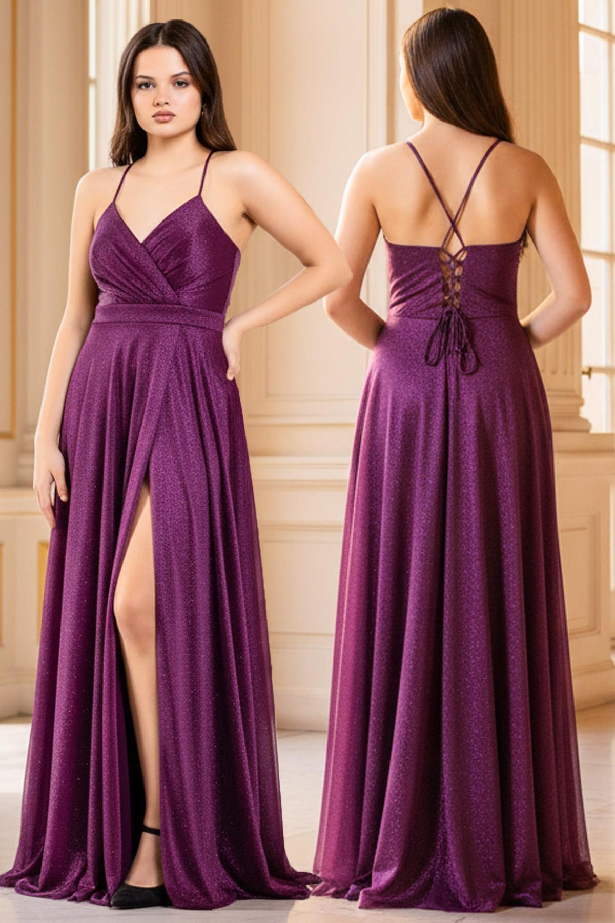 Glittery Tulle Evening Dress Plum MDV366
