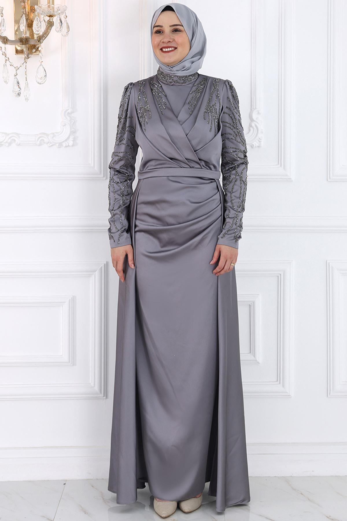 Stone Print Detailed Chiffon Evening Dress Gray AMH994