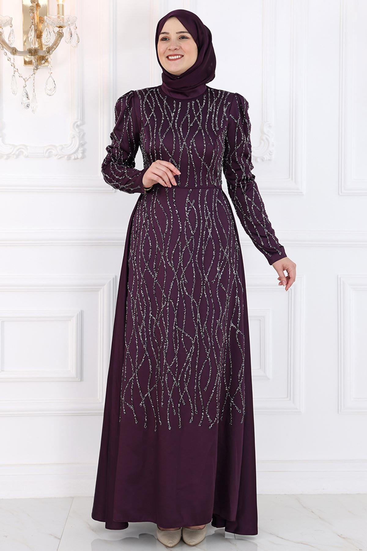 Stone Print Detailed Chiffon Evening Dress Plum AMH986