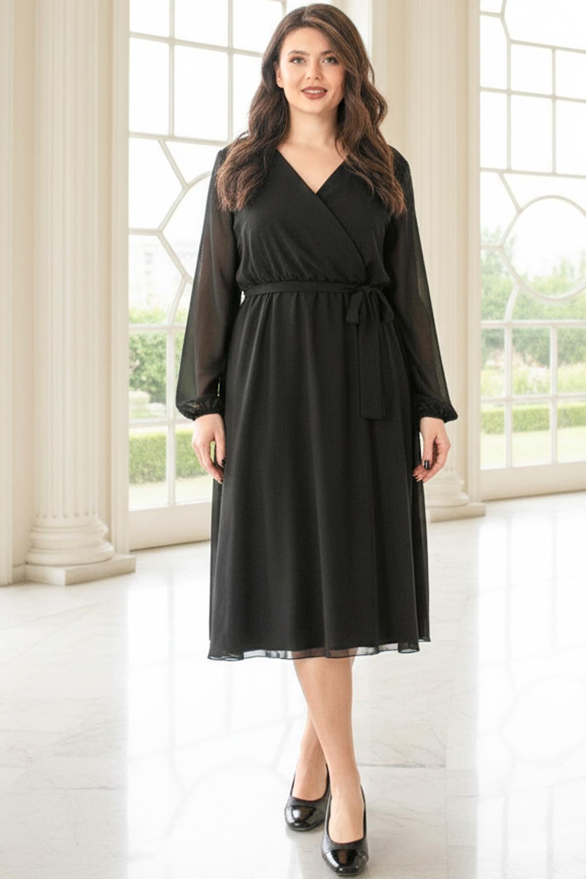 Abendkleid aus Chiffon mit Gürtel, Scwarz FHM916