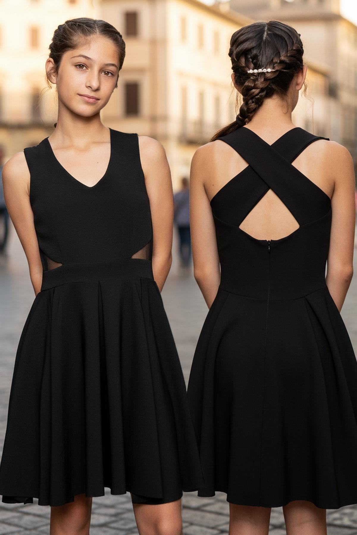 Robe De Soirée En Crêpe Avec Col En V Noir MDV352