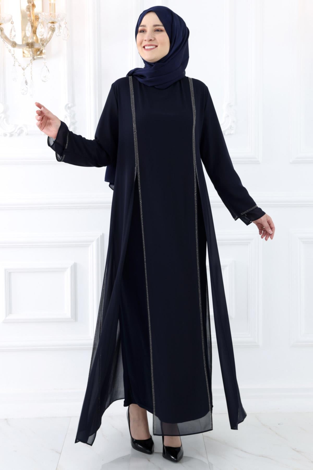 La Robe De Soirée En Mousseline De Soie Est Ma Préférée Bleu Marin AMH966