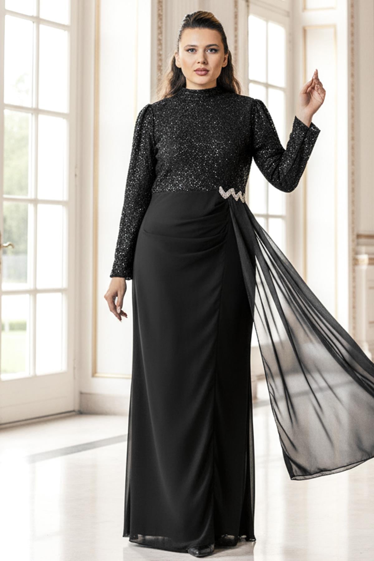 Dantel Şifon Abiye Elbise Siyah FHM958