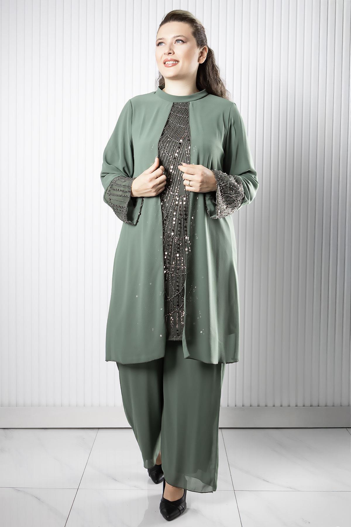 Taş Payet İşlemeli Şifon Pantalon Tunik Takım