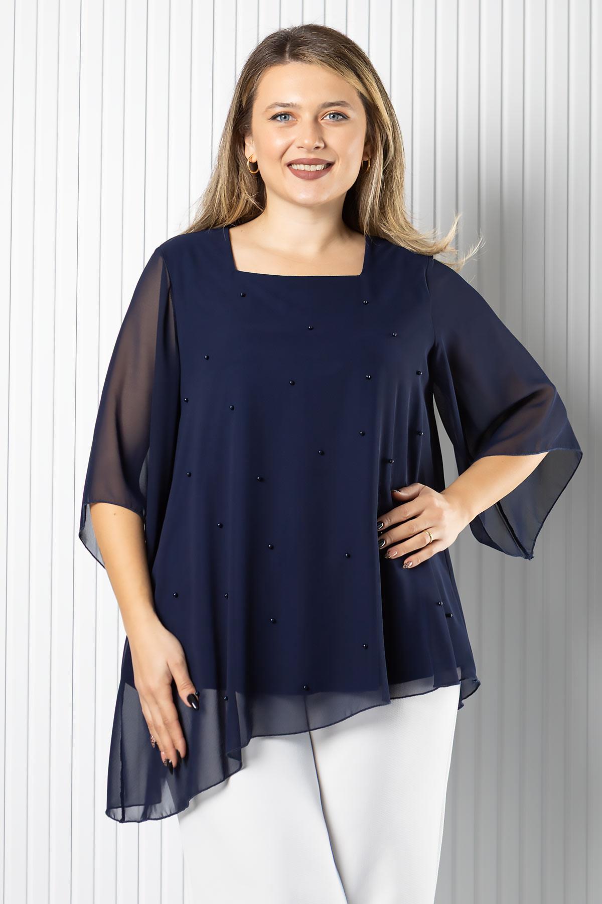 İnci Detaylı Şifon Bluz Lacivert MDV974