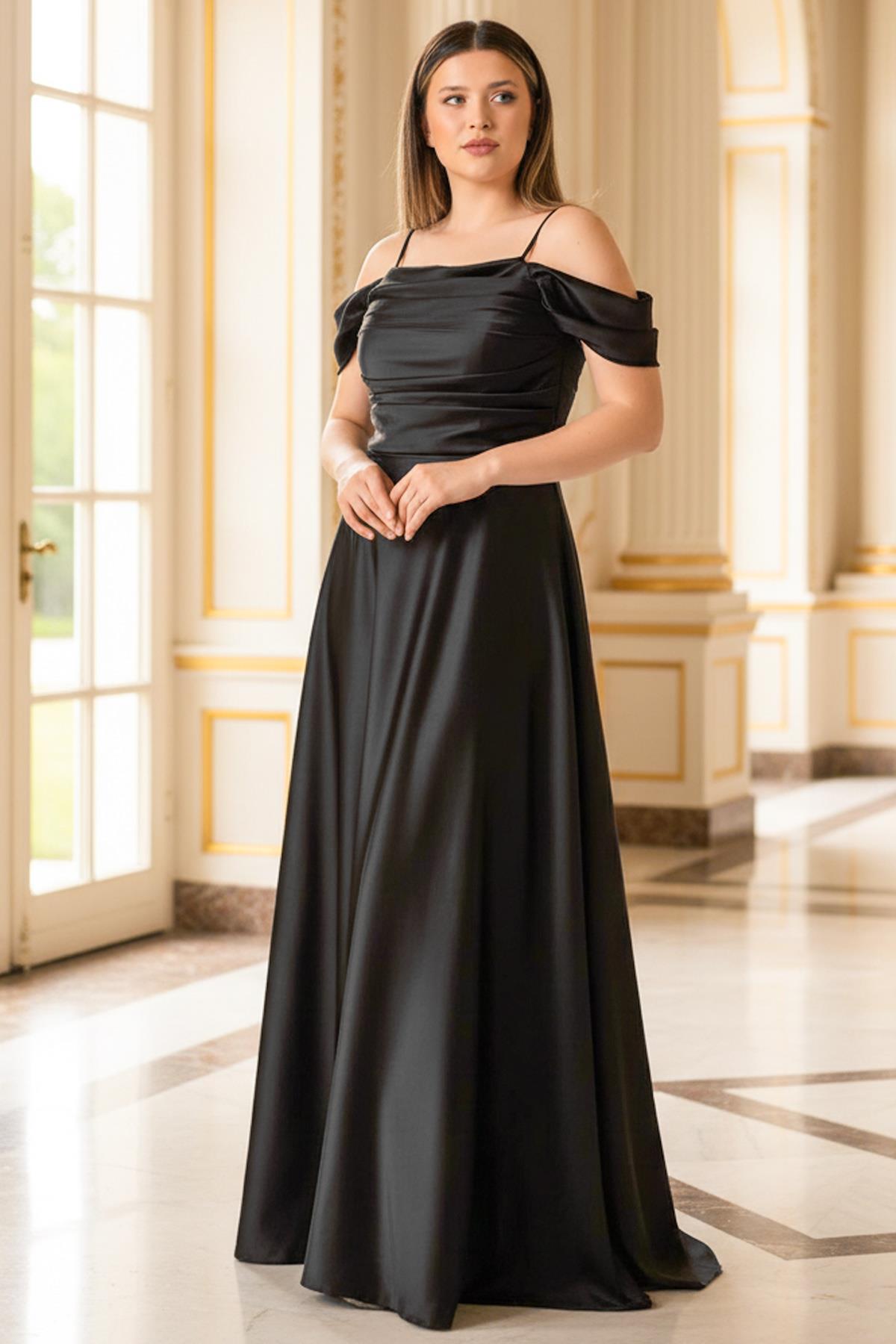 Strapless Satin Evening Dress Black MDV388
