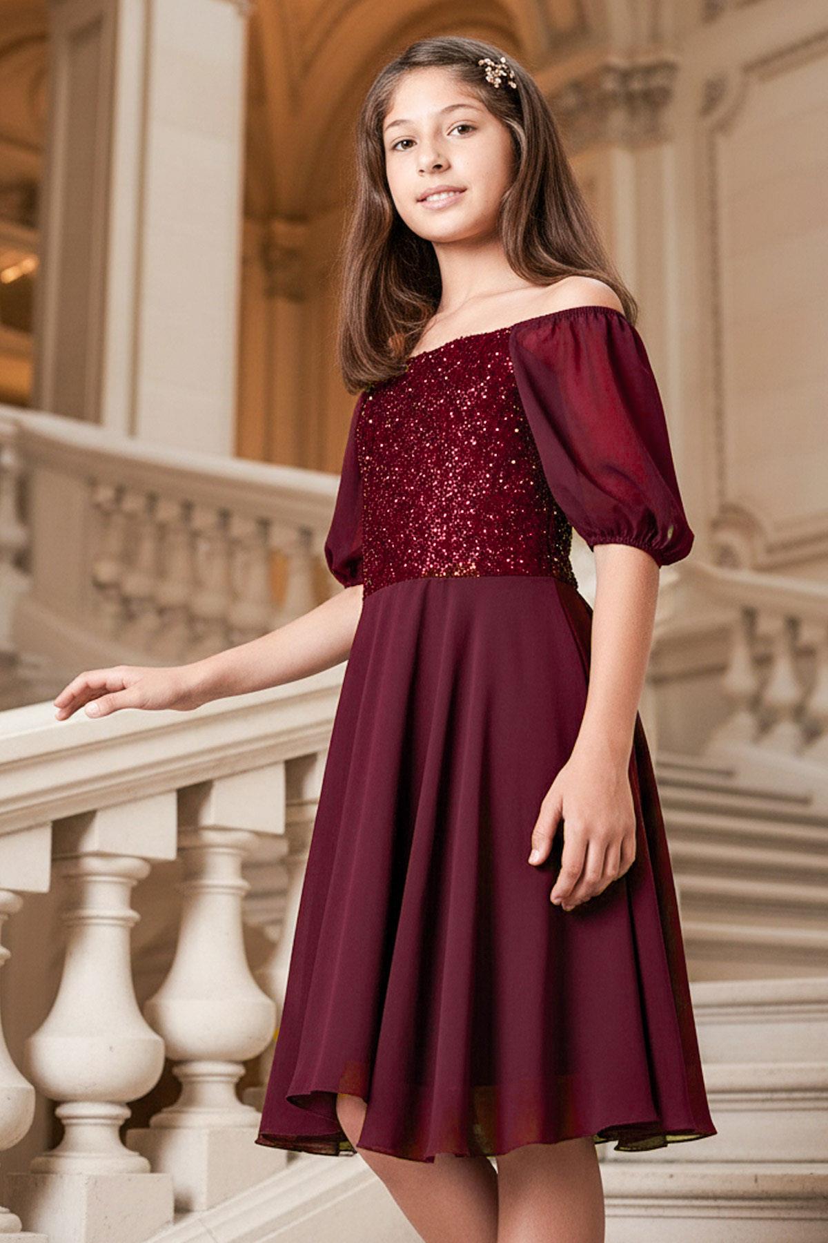9-14 Years Old Balloon Sleeve Detailed Chiffon Evening Dress Claret Red MDV332