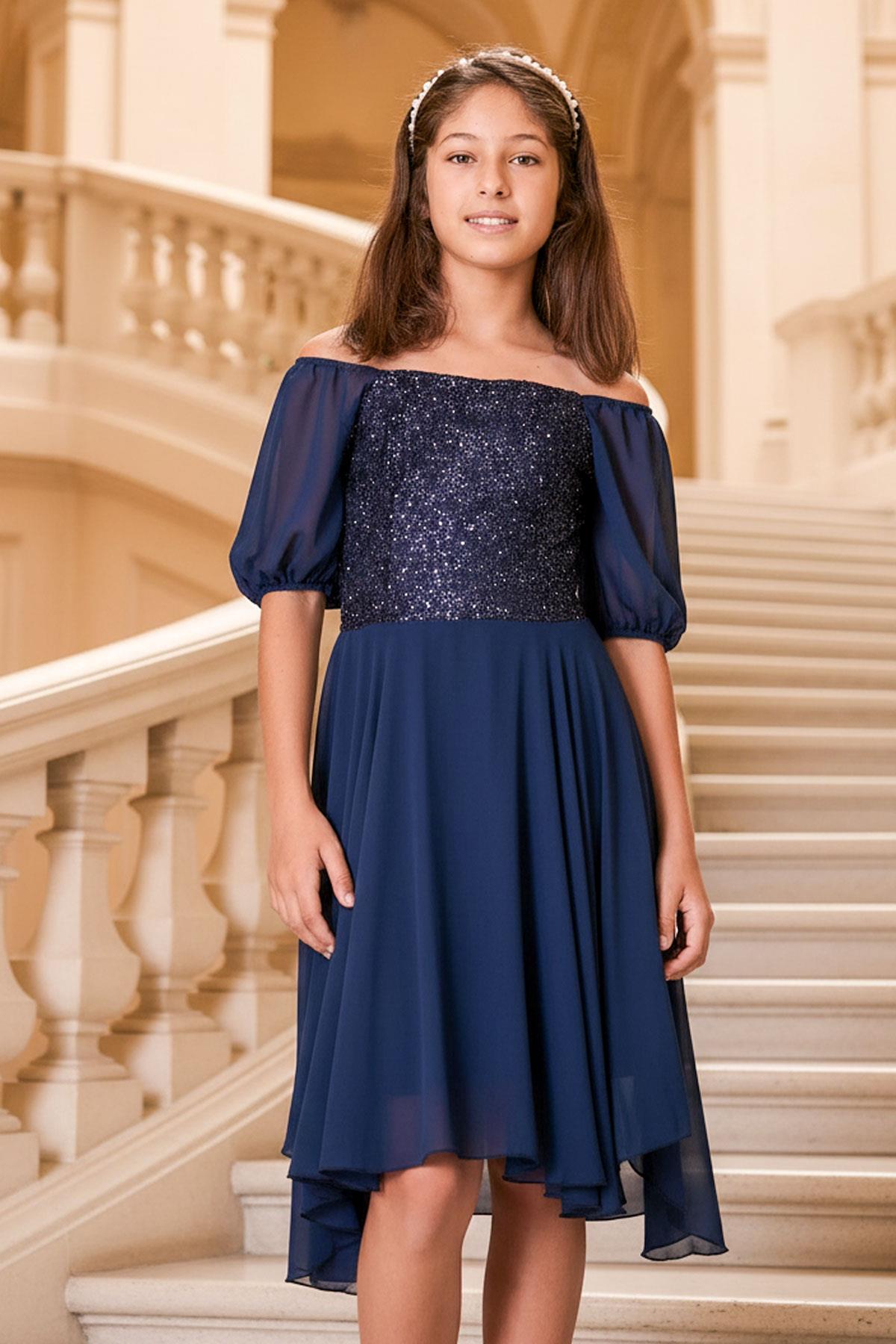 9-14 Ans Robe de Soirée En Mousseline de Soie Détaillée à Manches Ballon Bleu Foncé MDV332