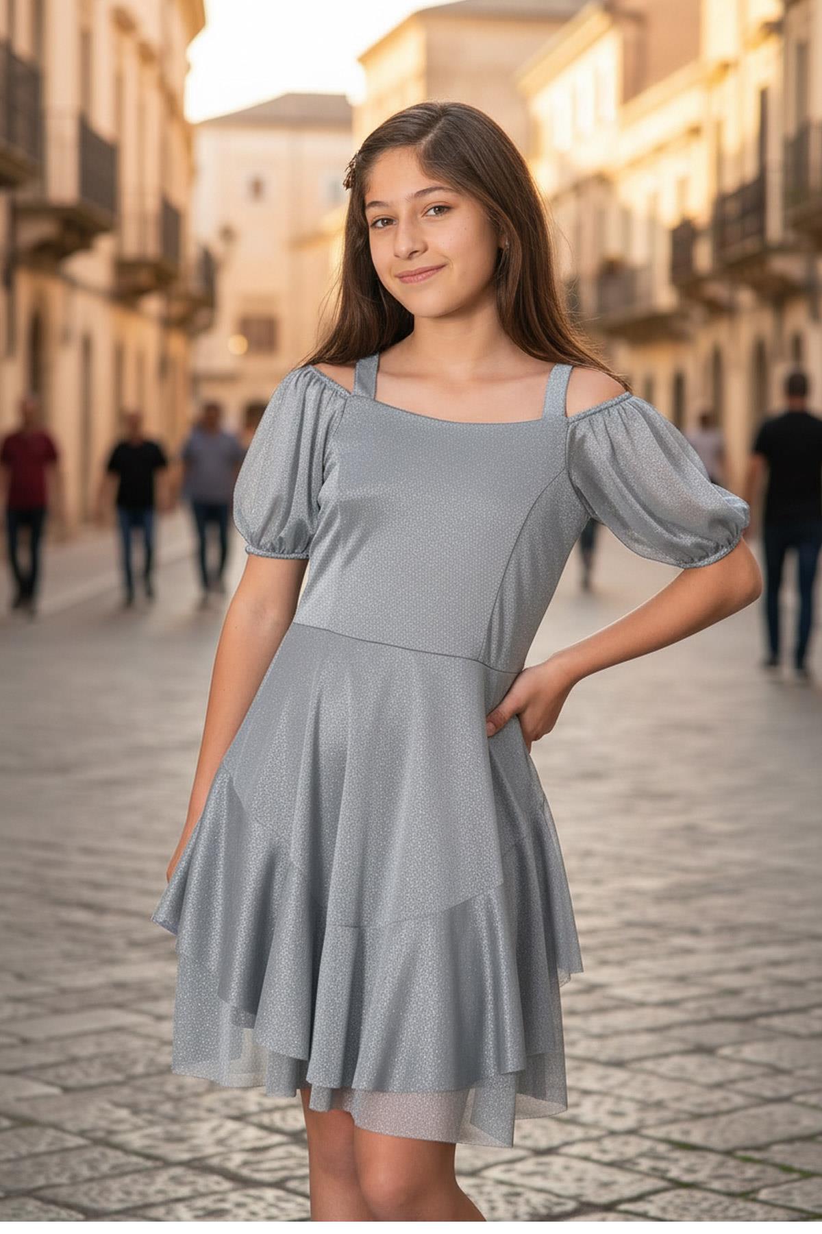 Robe de Soirée En Tulle Argenté à Manches Ballon Gris MDV940