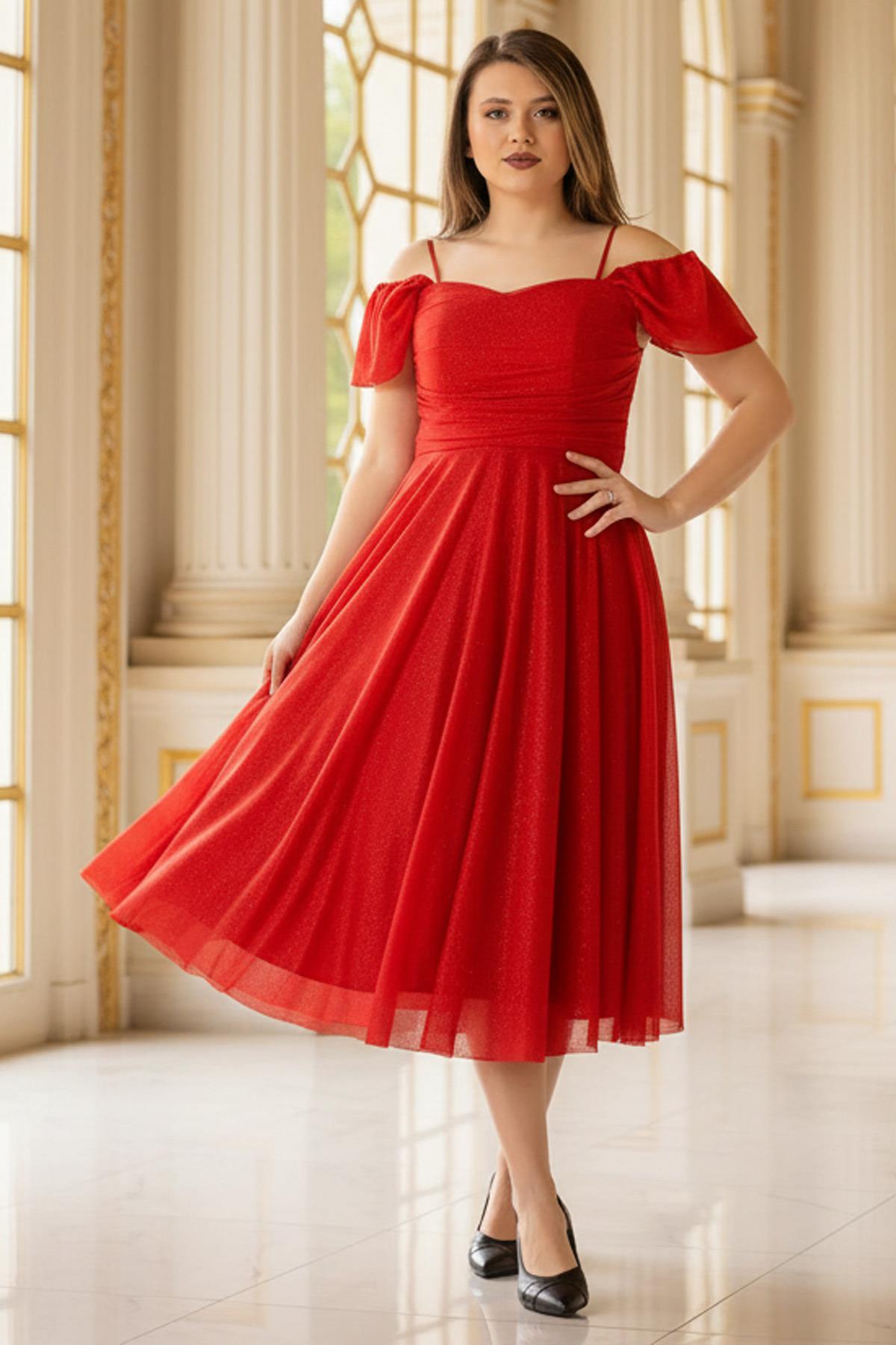 Robe de Soirée Bustier Pailletée Rouge MDV376
