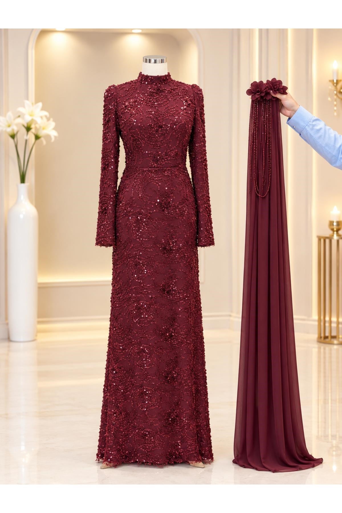 Ceylin Tesettür Abiye  Bordo AMH1178