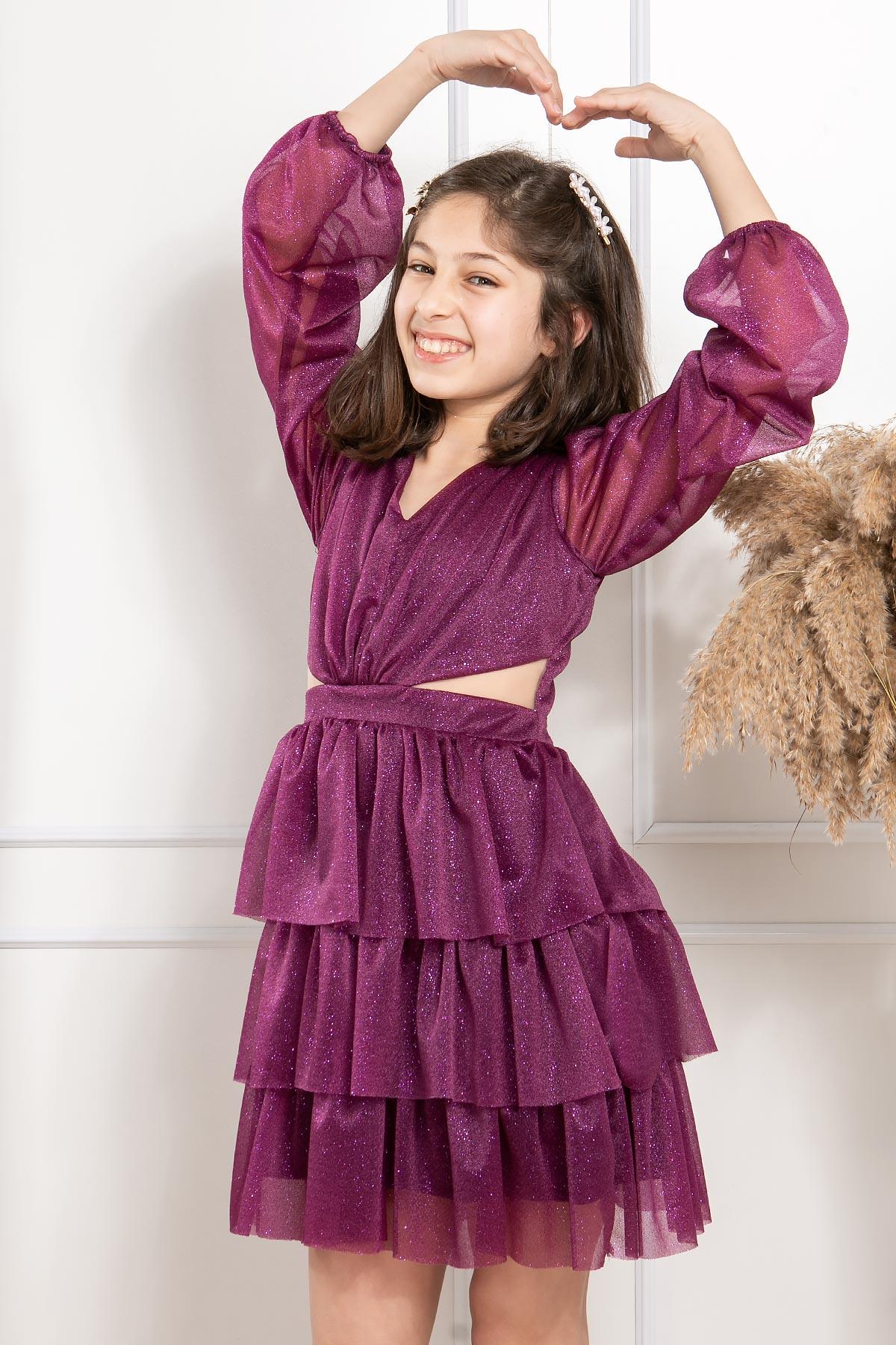 Robe de Soirée Enfant Tulle Pailleté Froufrou Prune MDV308