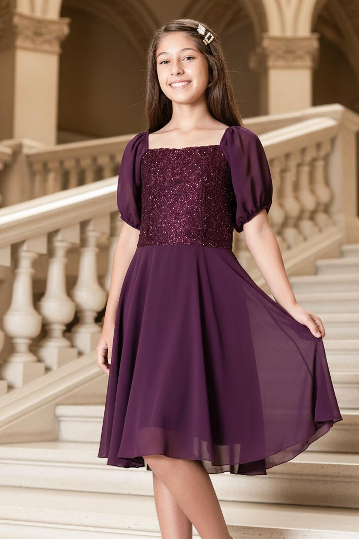 9-14 Ans Robe de Soirée En Mousseline de Soie Détaillée à Manches Ballon Prune MDV332