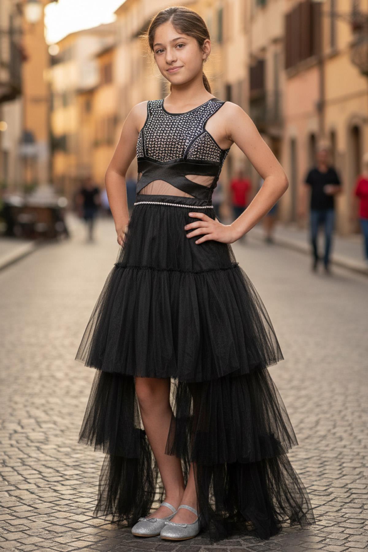 Tulle Evening Dress with Stone Print Detail Black MDV340