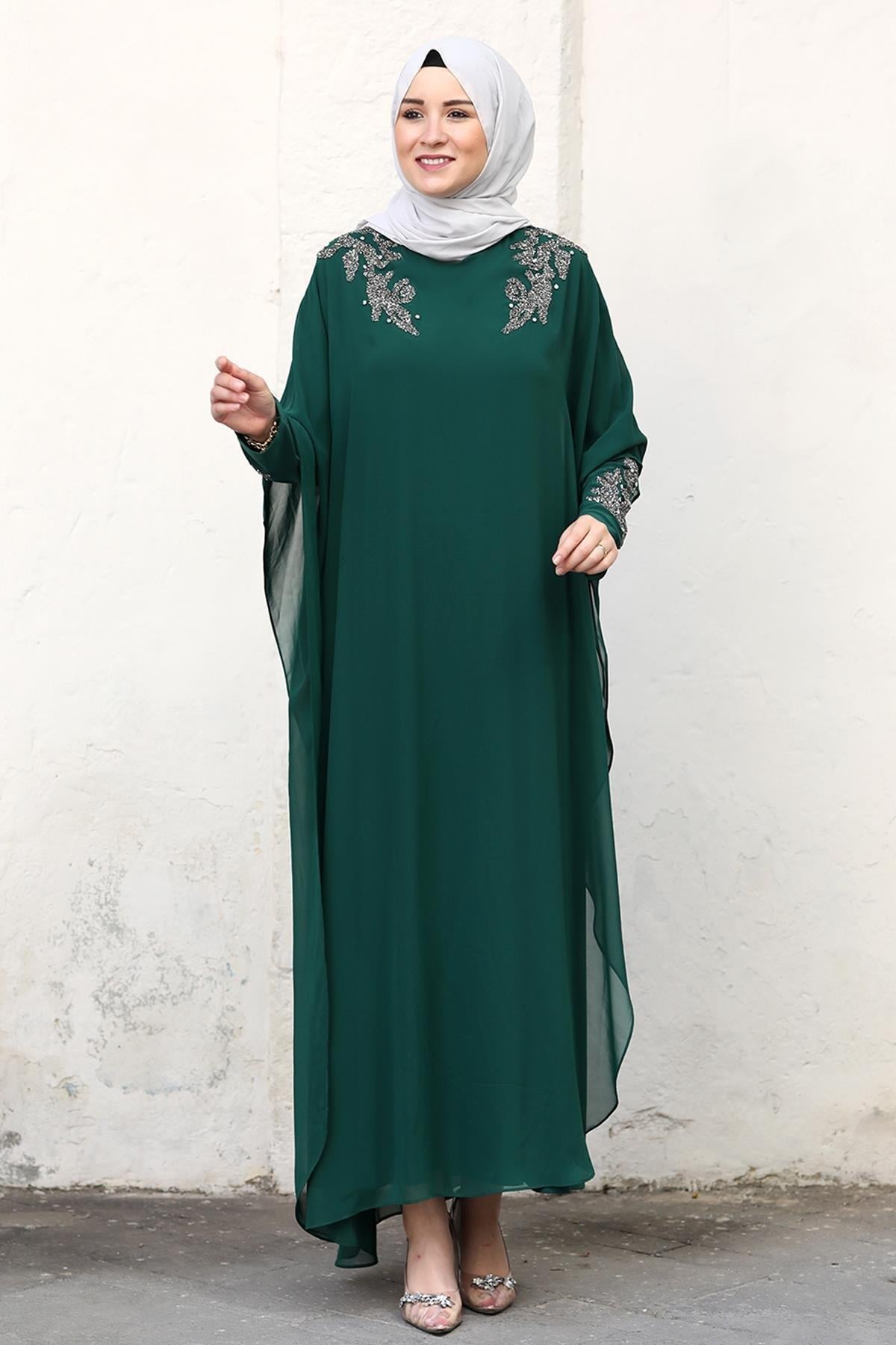 Stone Print Detailed Chiffon Evening Dress Emerald AMH974