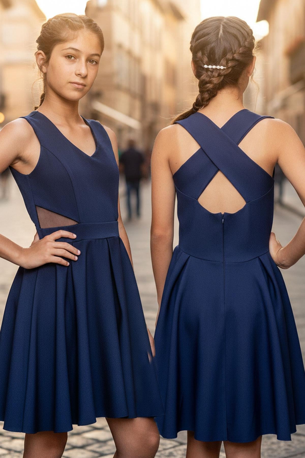 Robe De Soirée En Crêpe Avec Col En V Bleu Marine MDV352