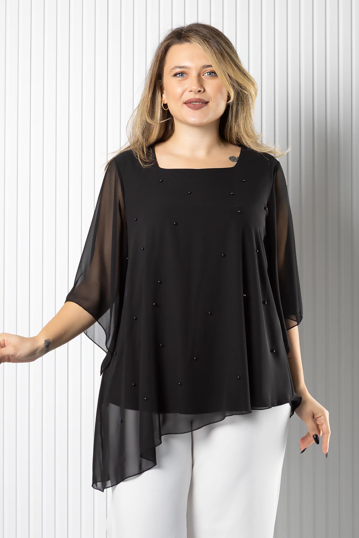 İnci Detaylı Şifon Bluz Siyah MDV974