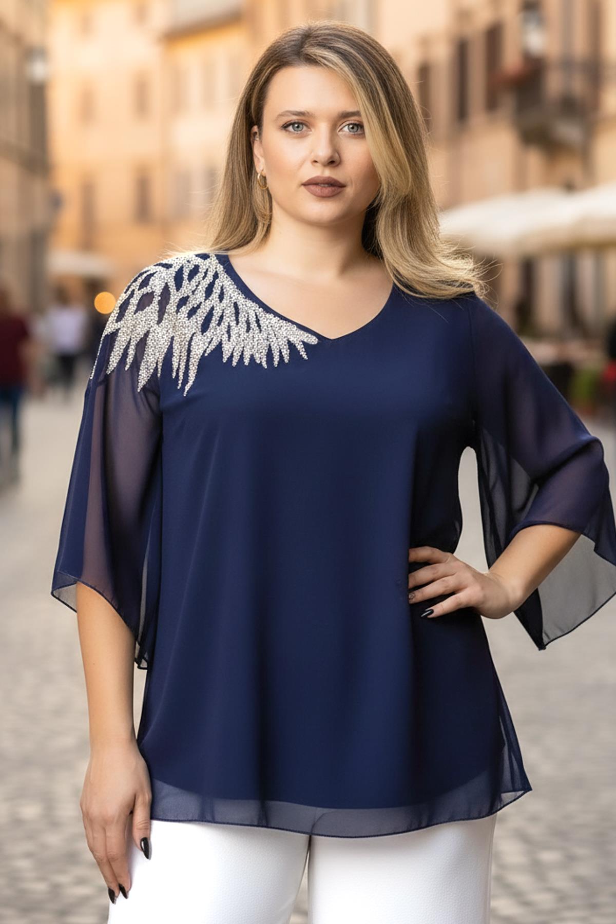 Tek Omuz İşlemeli Şifon Bluz 