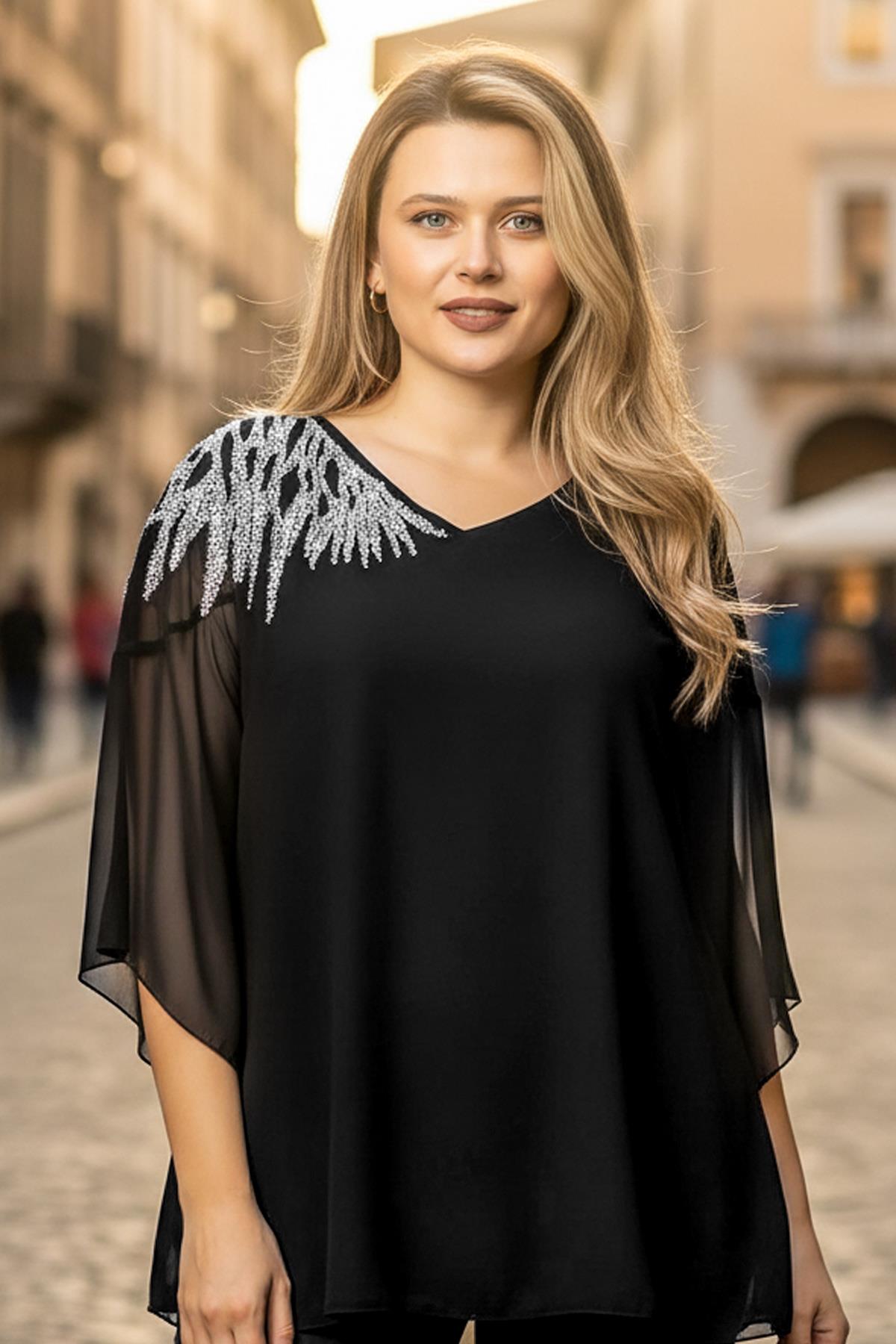 Tek Omuz İşlemeli Şifon Bluz 