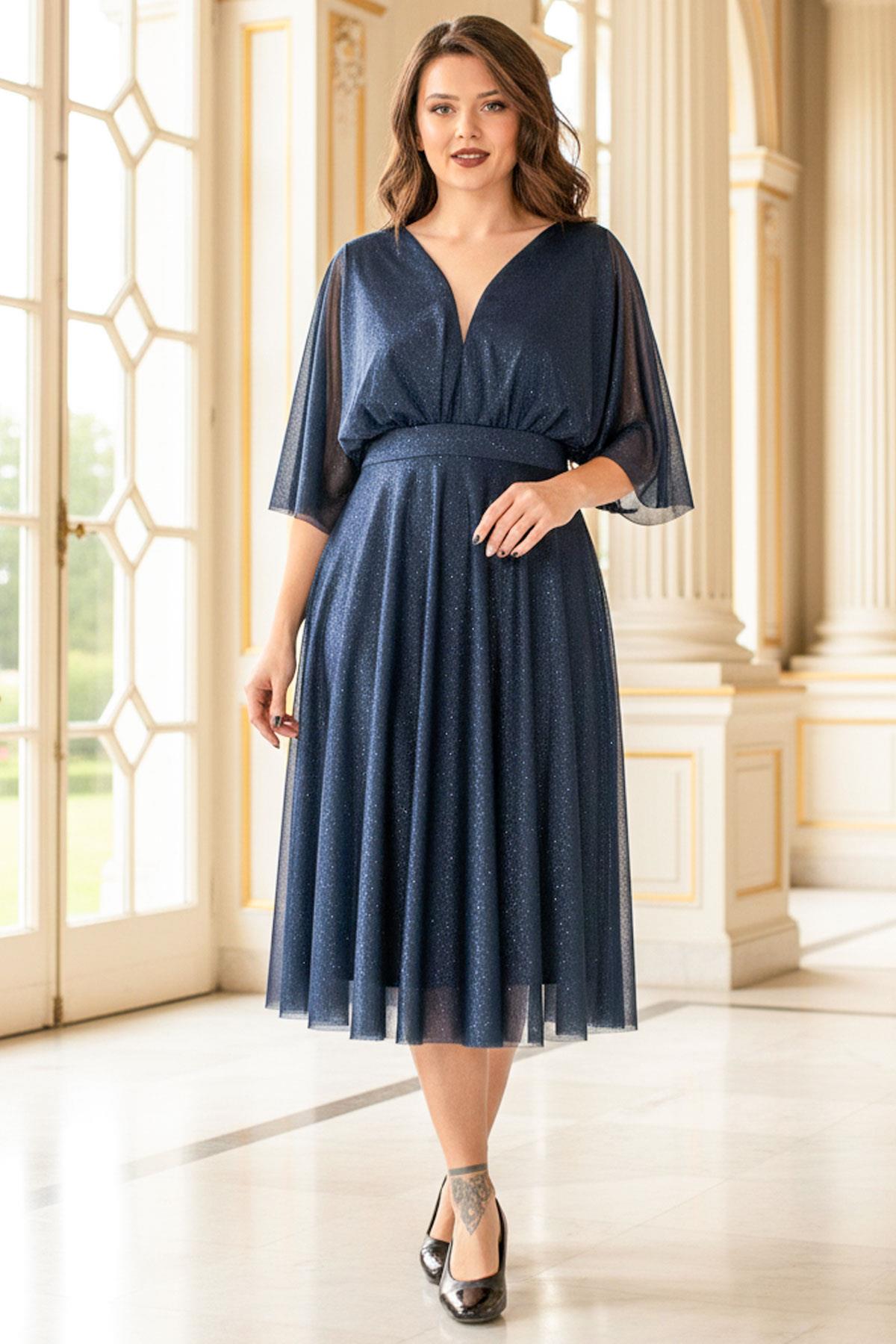 Robe de soirée en tulle argenté bleu marine FHM902