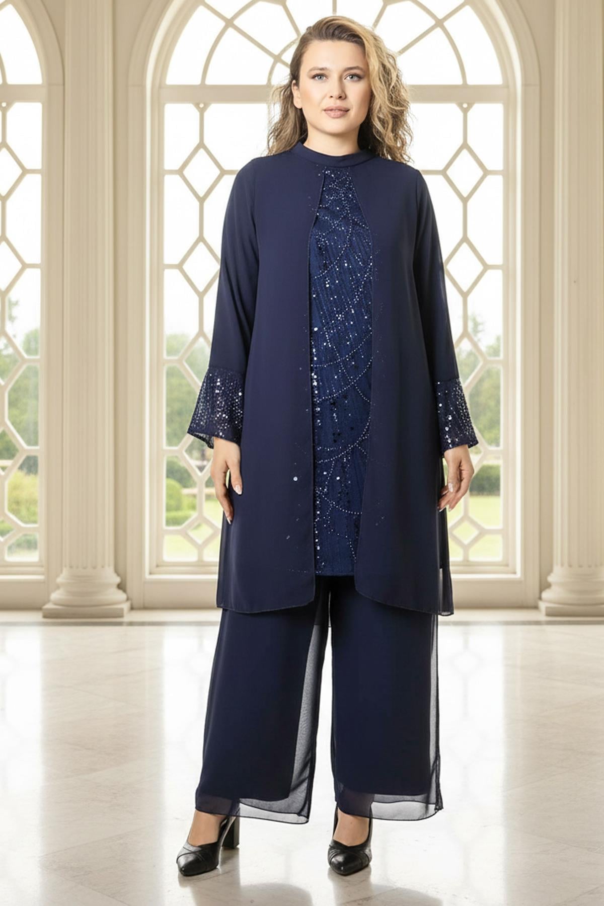 Taş Payet İşlemeli Şifon Pantalon Tunik Takım