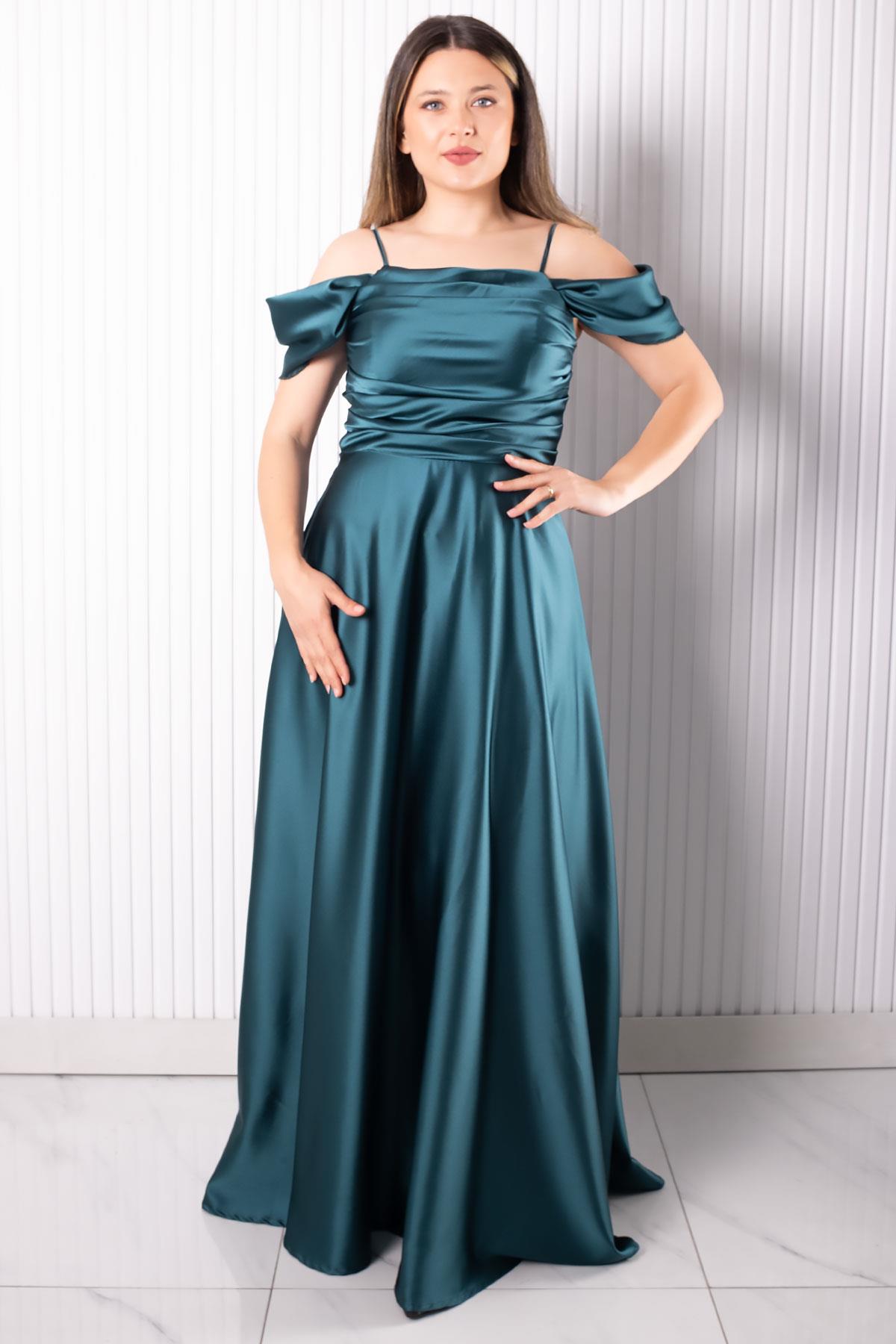 Askılı Saten Abiye Elbise Petrol MDV388