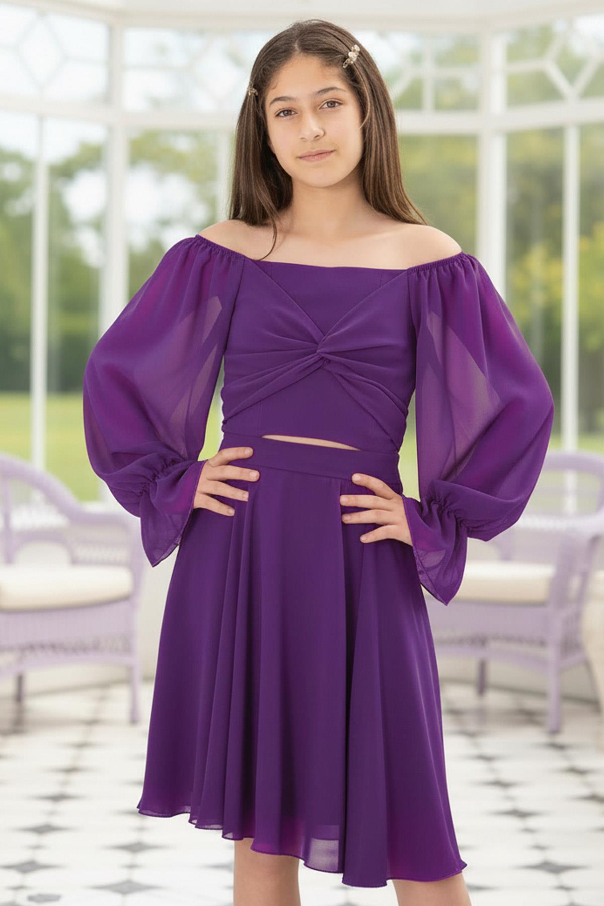 Abendkleid aus Chiffon mit Ballonärmeln Violett MDV934