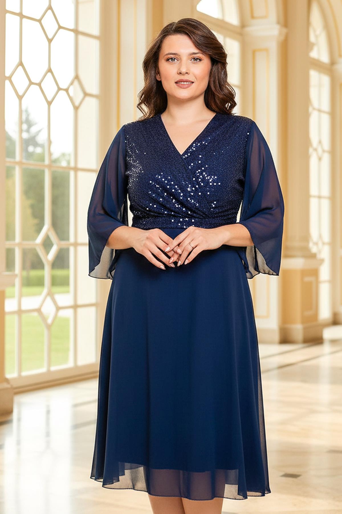 Robe de soirée détaillée à sequins Bleu Marin FHM910