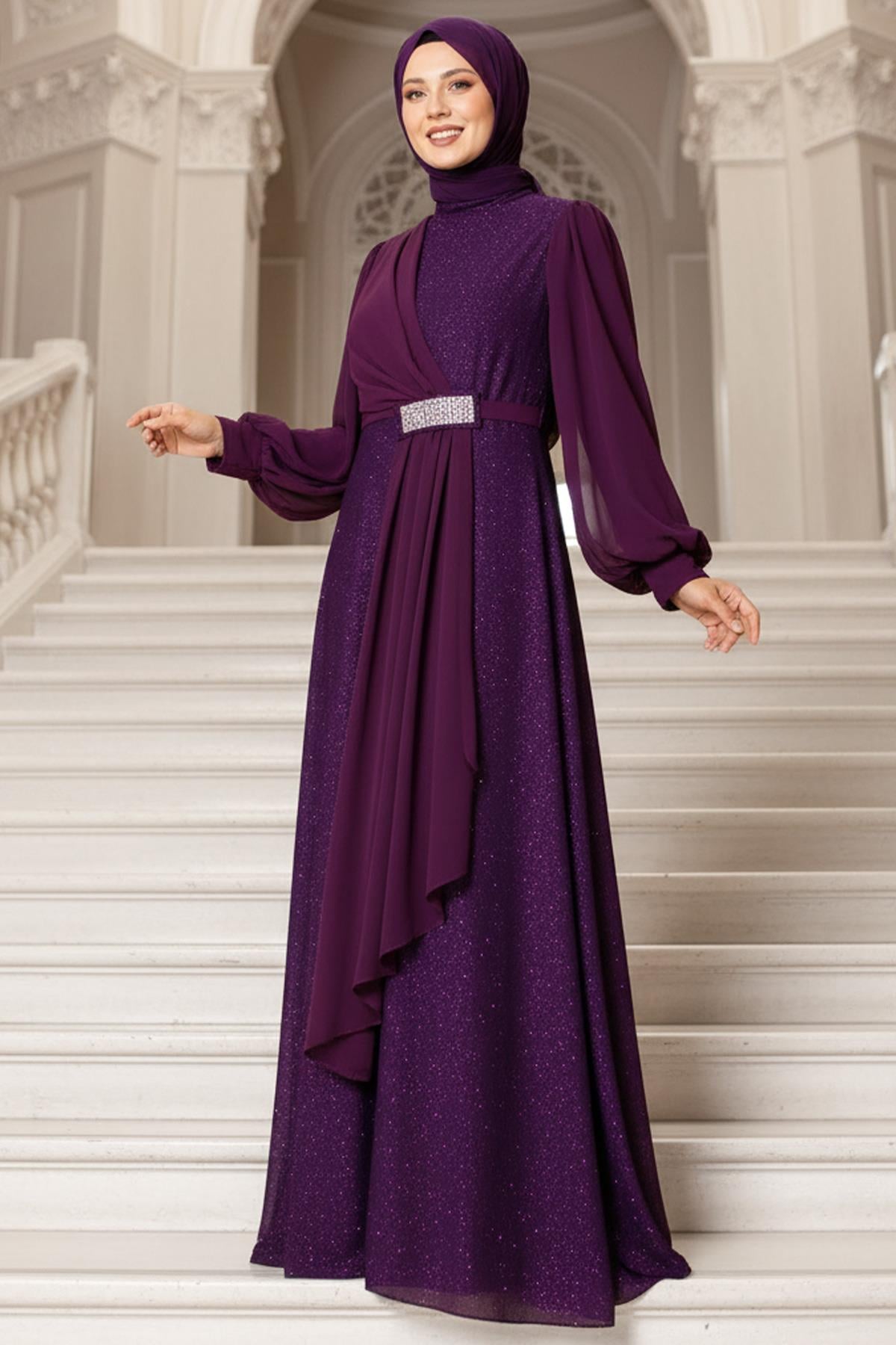 Robe de Soirée en Mousseline Argentée Pourpre FHM884