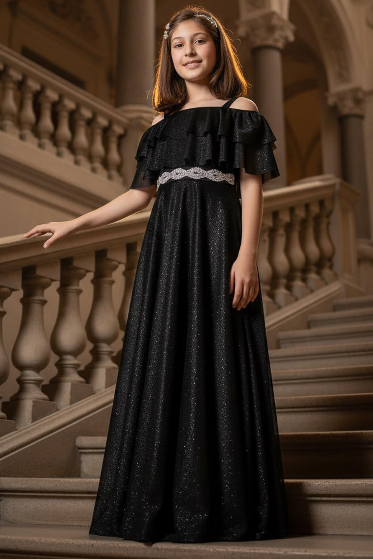 Robe de Soirée En Tulle Argenté Détaillée à Volants Couleur Noire MDV314