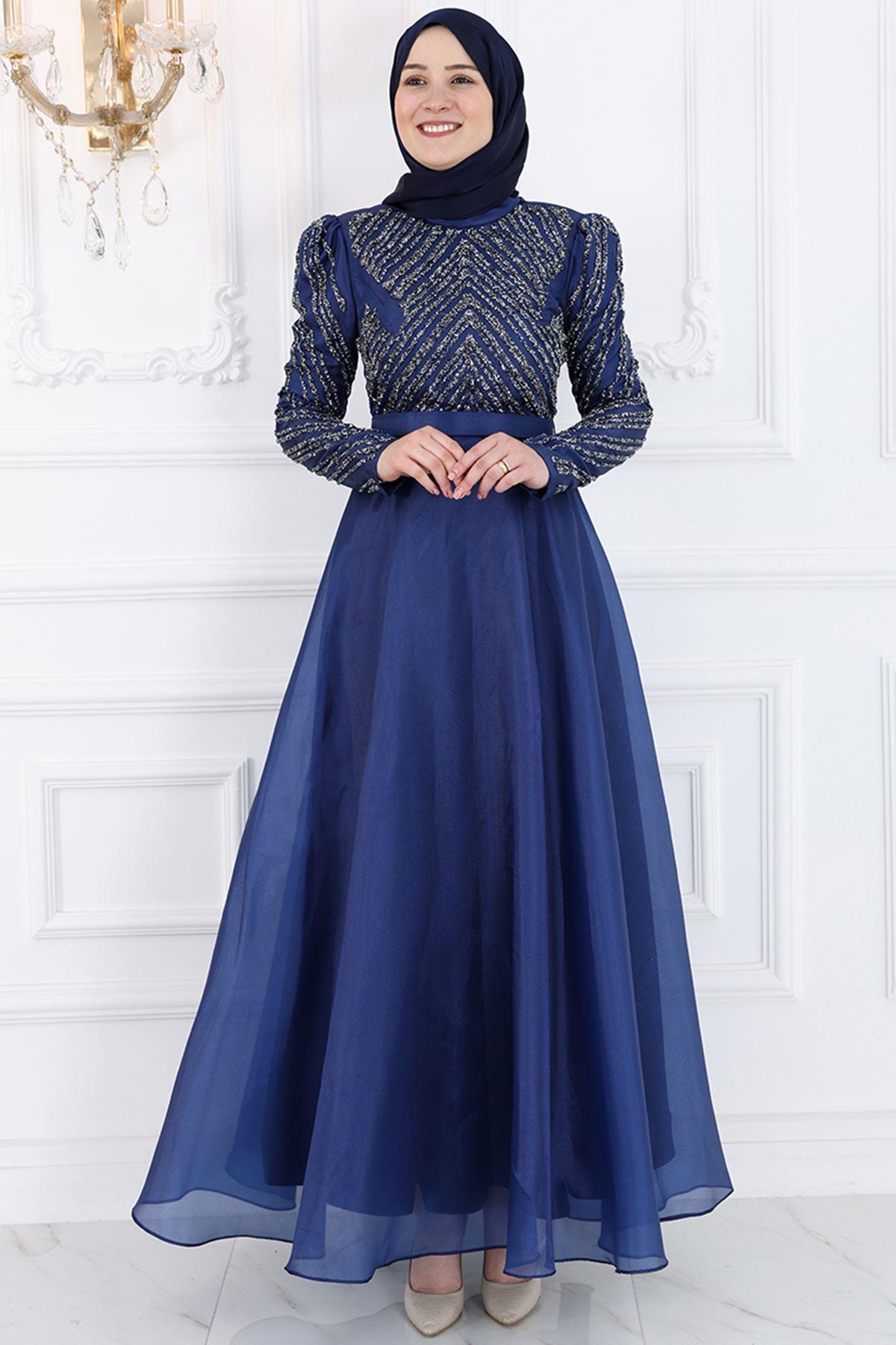 Robe De Soirée En Mousseline de Soie Bleu Marin AMH996