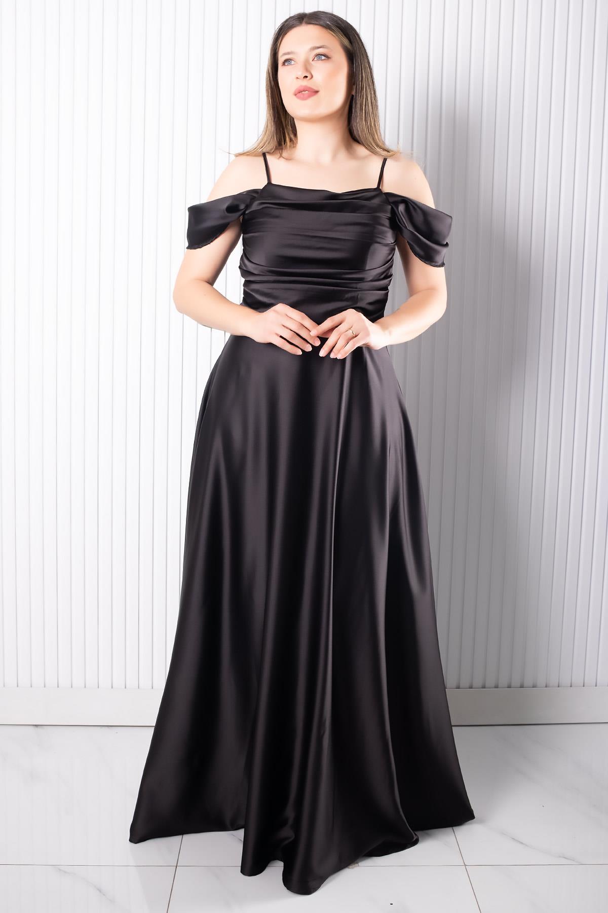Askılı Saten Abiye Elbise Siyah MDV388