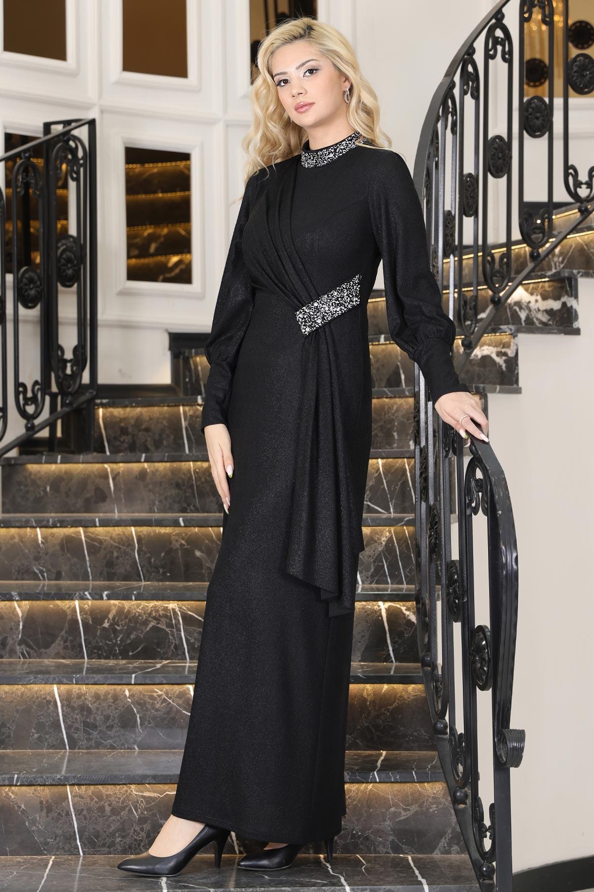 Açelya Sarkaçlı Taşlı Abiye Elbise Siyah ELB74