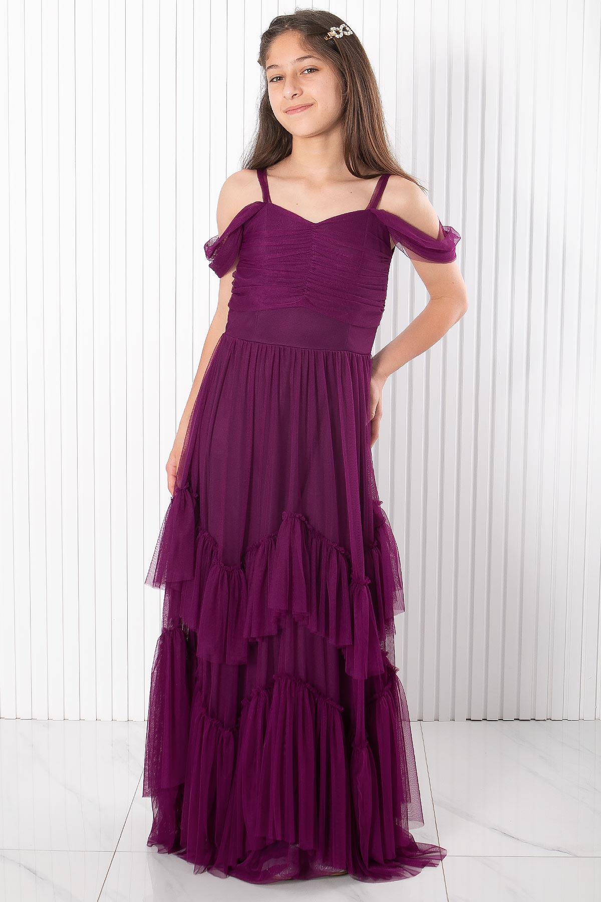Robe de Soirée en Tulle Détaillée aux Épaules Demoiselle MDV930