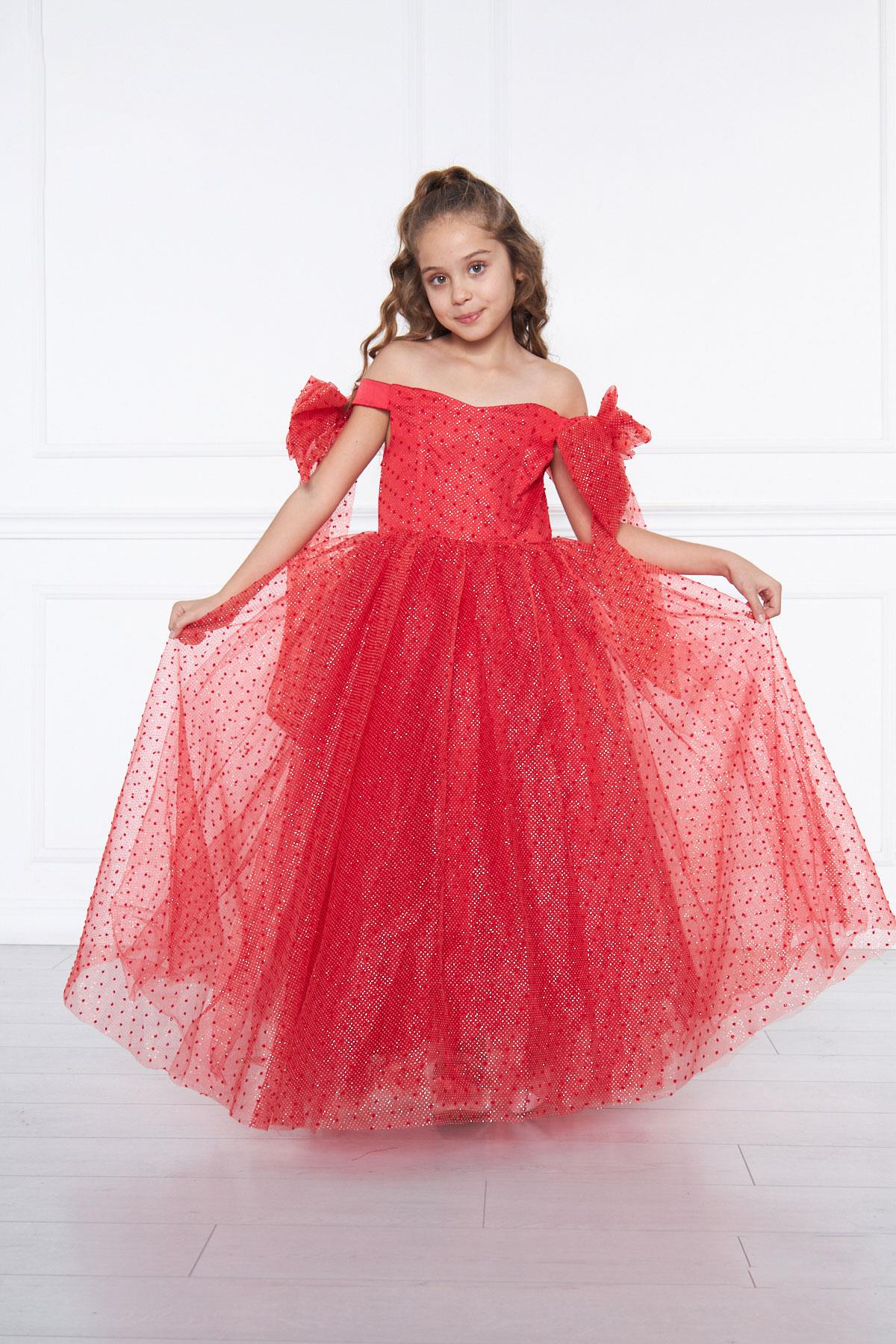 KIZ ÇOCUK SİMLİ OMUZLARI FİYONKLU ABİYE ELBİSE