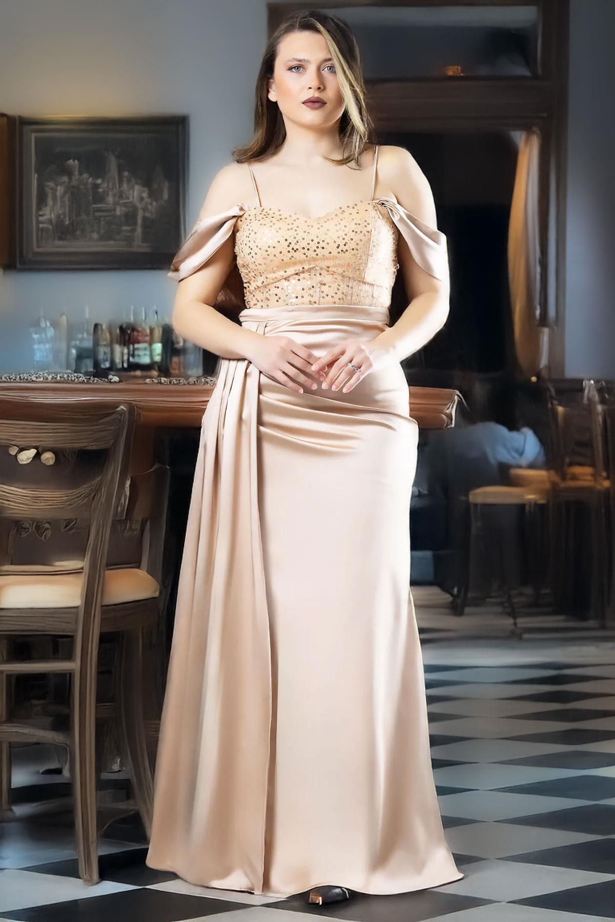 Pul Payet Detaylı Saten Abiye Gold MDV374
