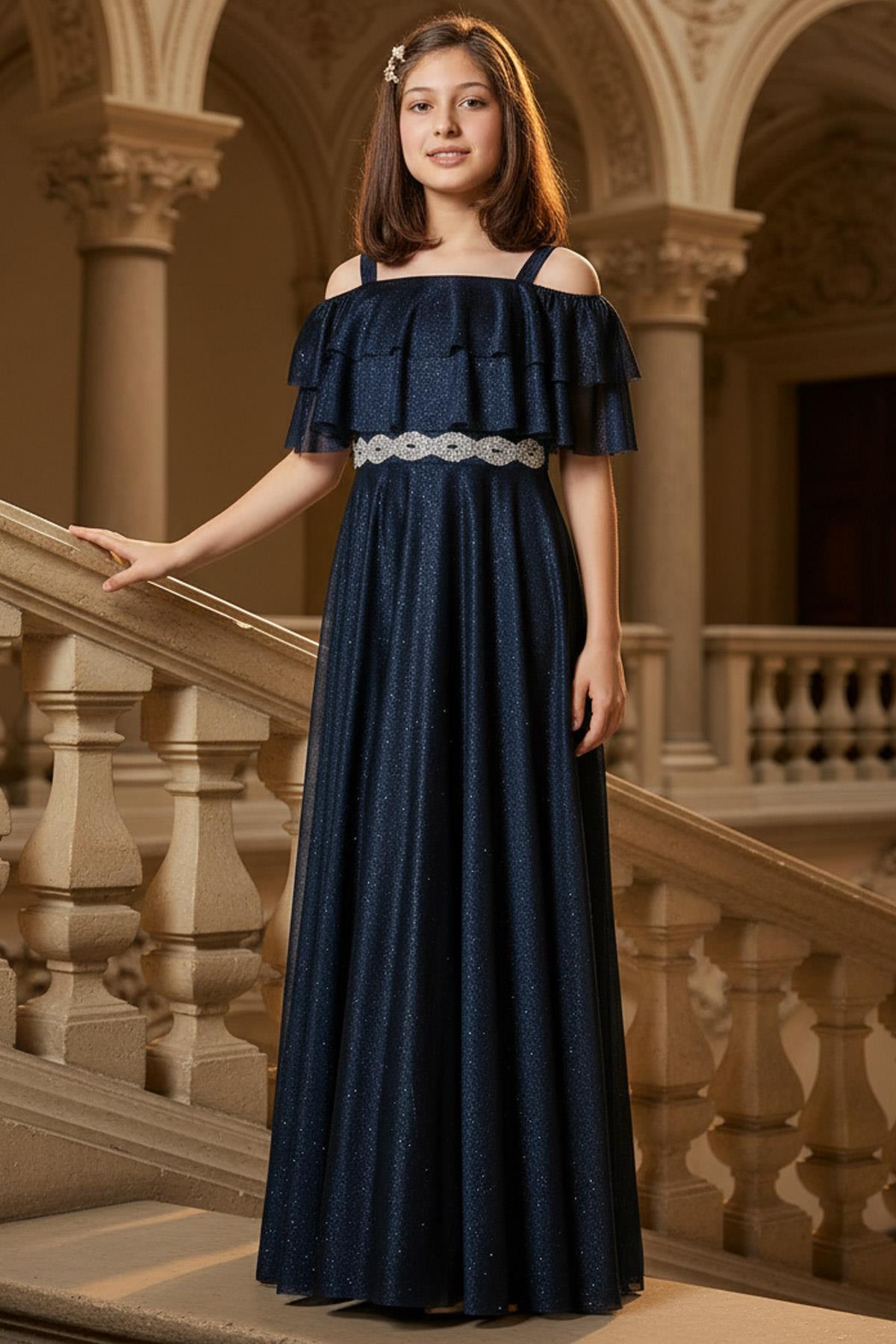 Robe de soirée en tulle argenté détaillé à volants Bleu Marin MDV314