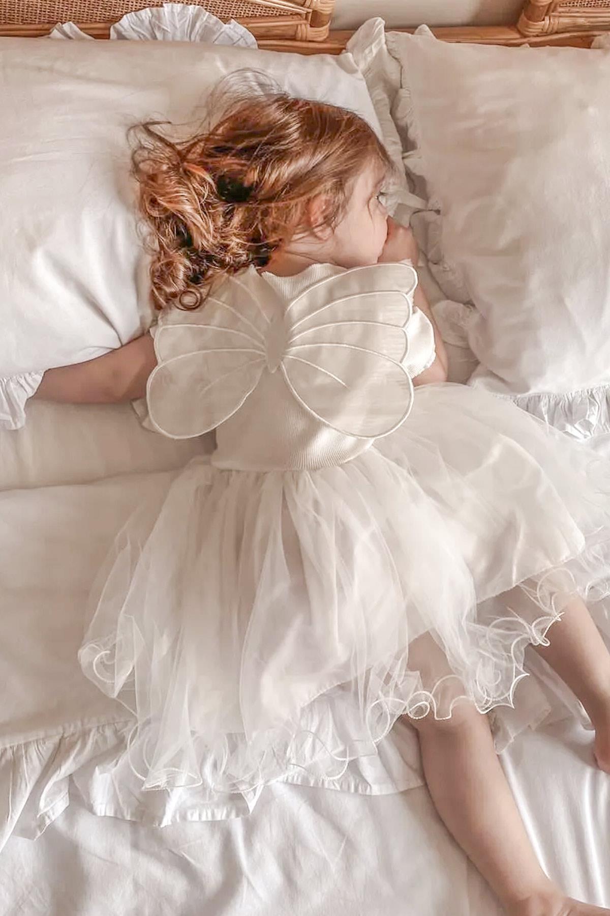 Butterfly Detailed Dress Ecru MDVK116