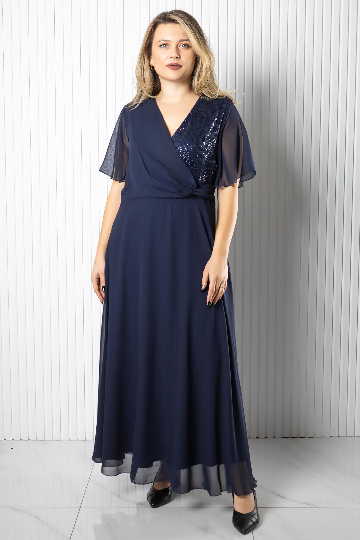 Pul Payet Detaylı Şifon Elbise Elbise Lacivert MDV978