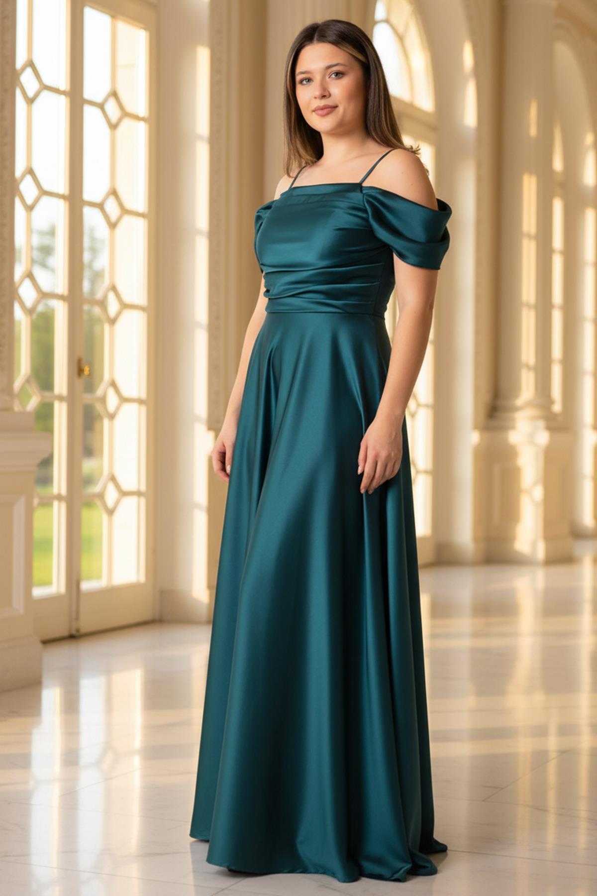 Strapless Satin Evening Dress Petrol MDV388
