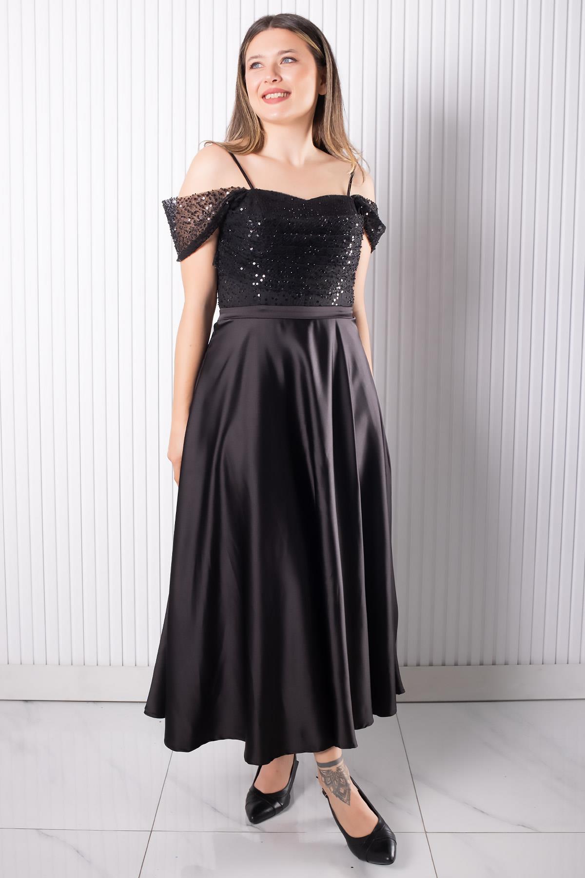 Asklı Pul Payetli Saten Abiye Elbise Siyah MDV386