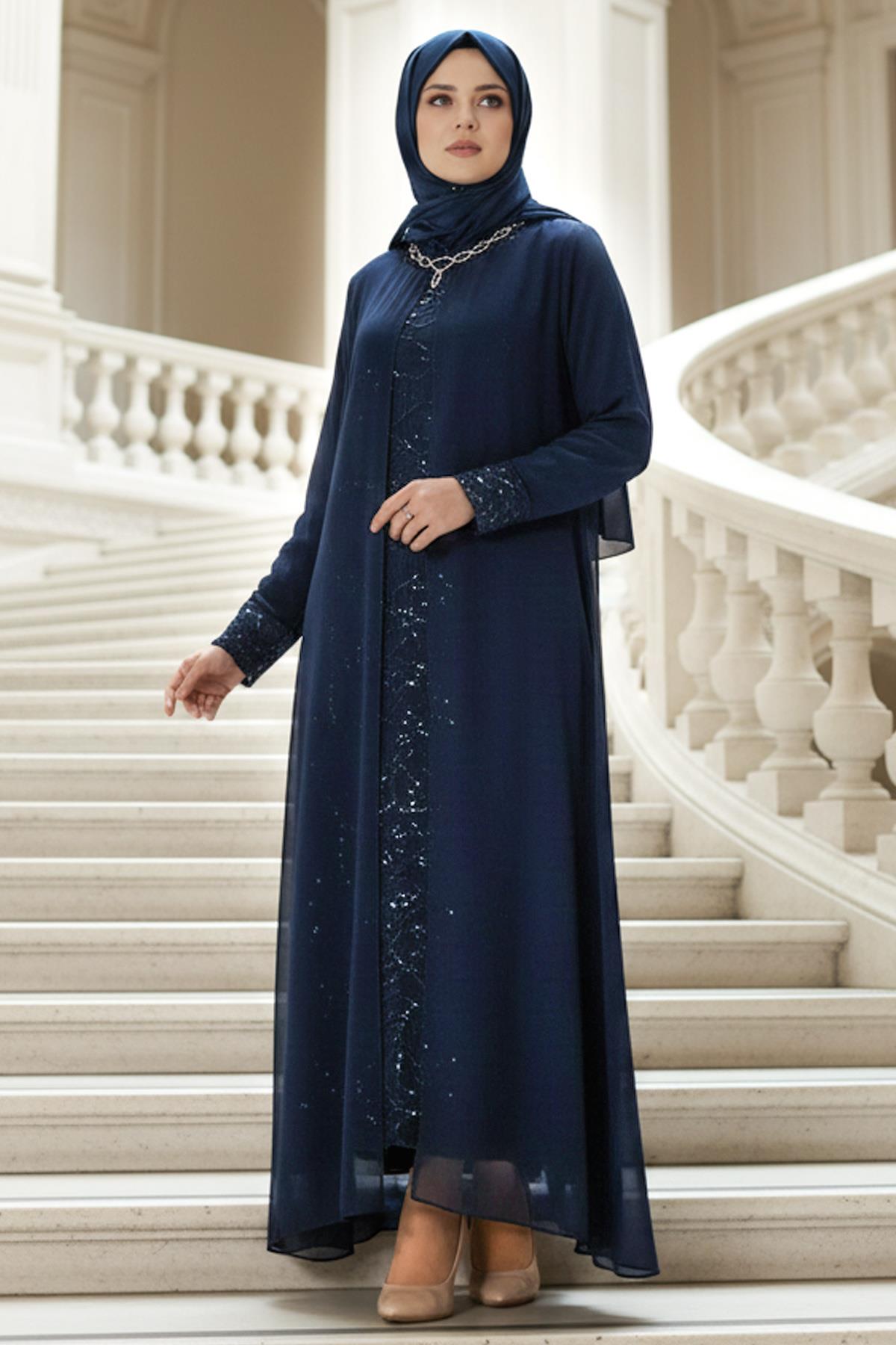 Robe de Soirée Détaillée à Sequins Bleu Marin MDA2218