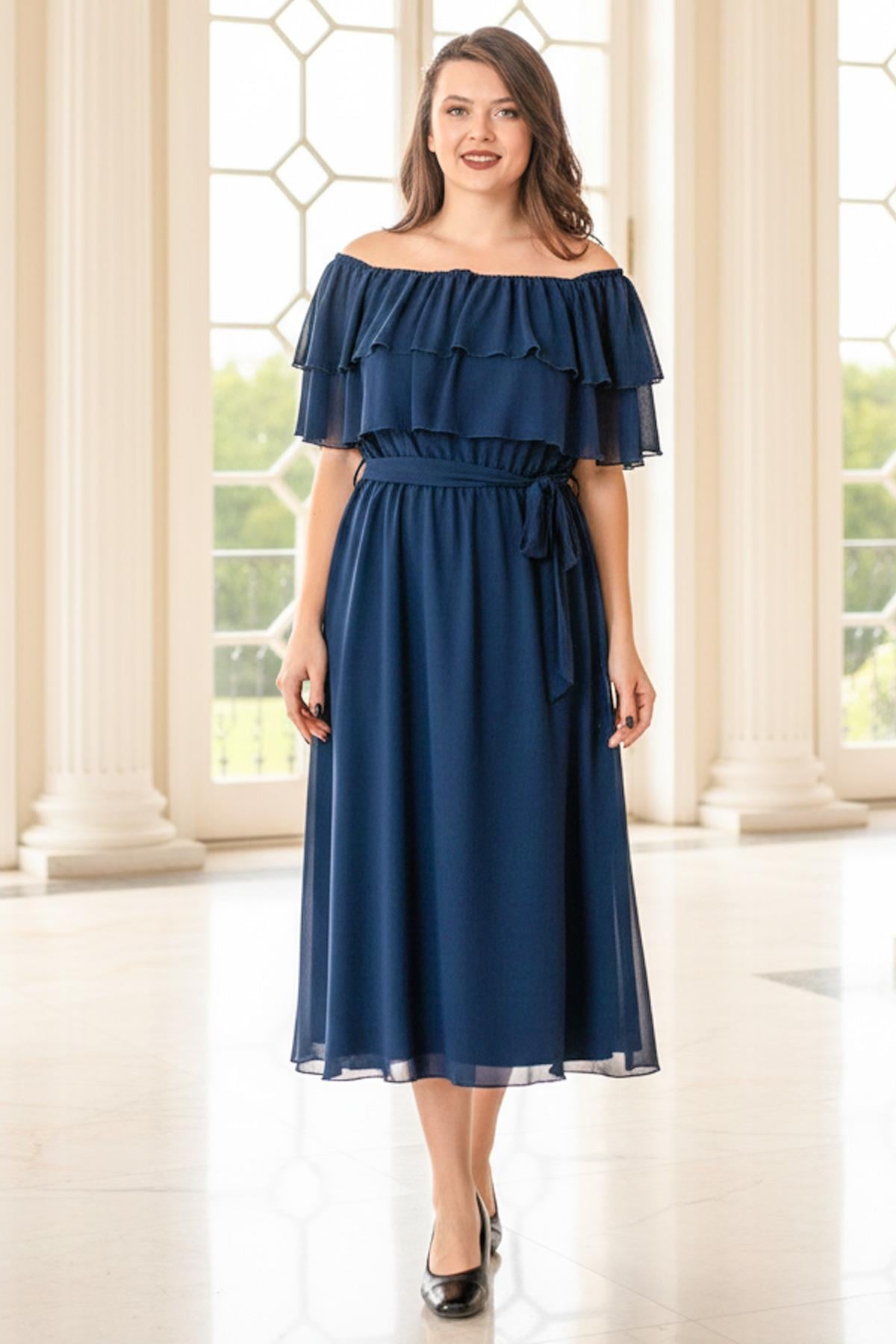 Karmen Collar Chiffon Evening Dress Navy Blue FHM918
